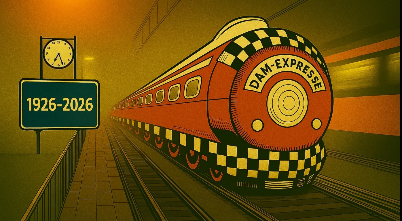 Jubileumlogo: de Dam-Expresse rijdt het station binnen, met op het bord 1926 – 2026